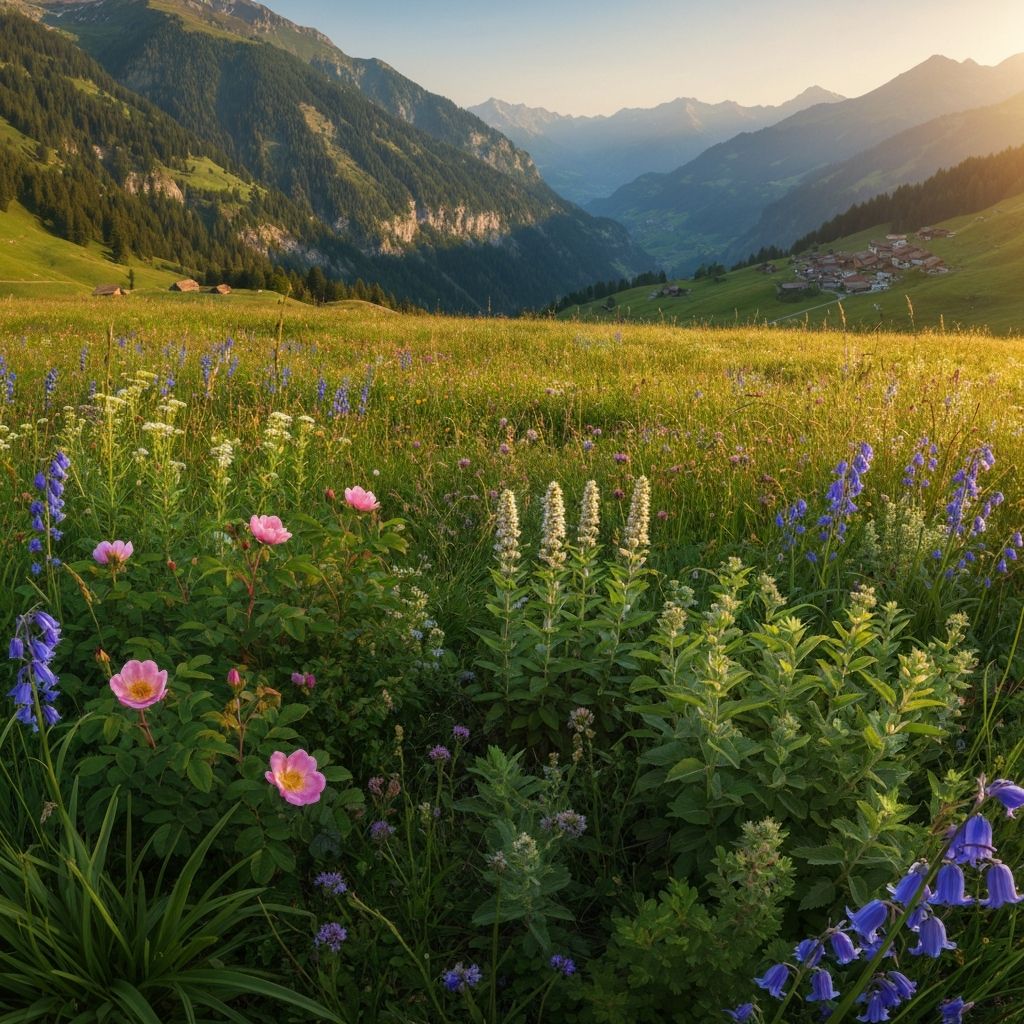 Swiss alpine meadow with traditional medicinal herbs in natural habitat