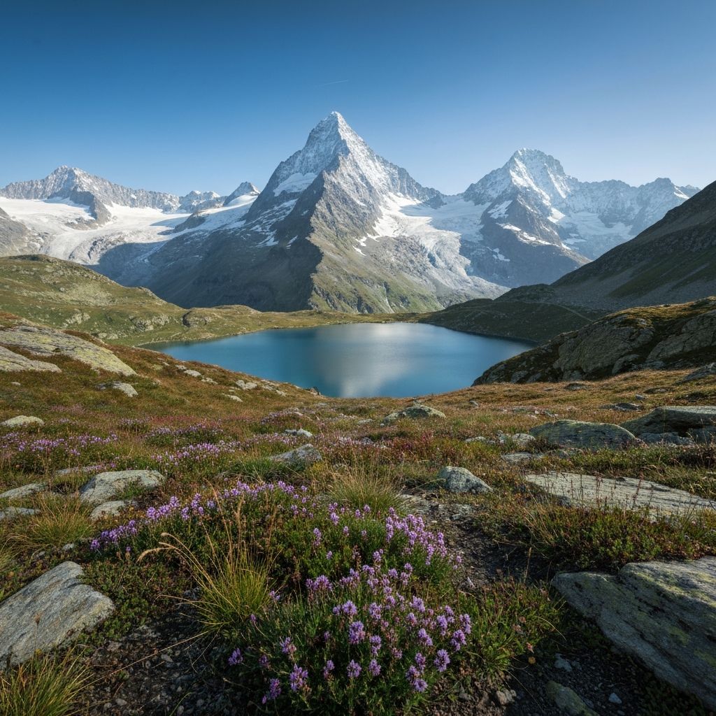Crystal clear Swiss alpine landscape with pristine mountain peaks